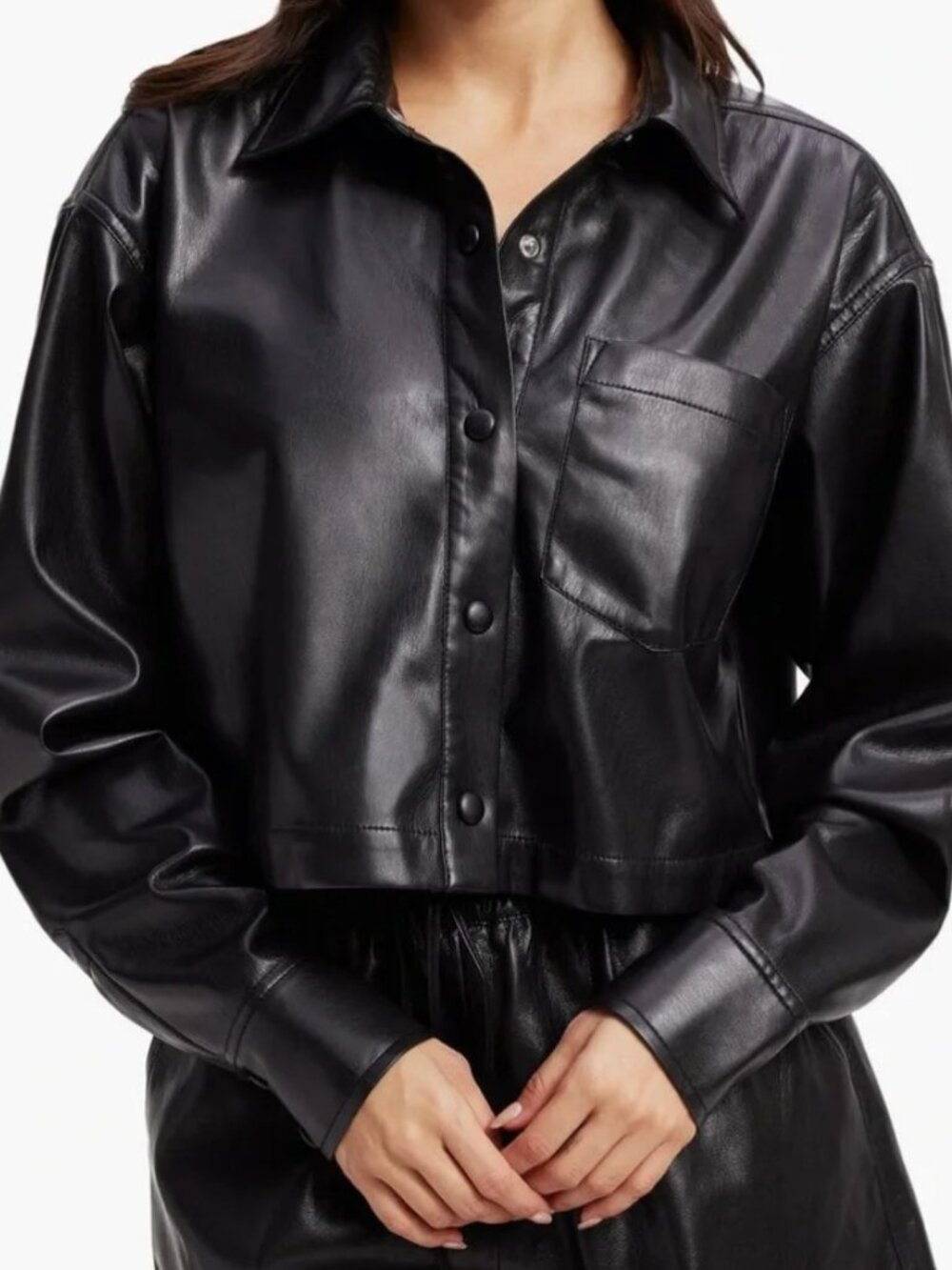 Good American- Black cropped faux leather shirt w/ snaps.